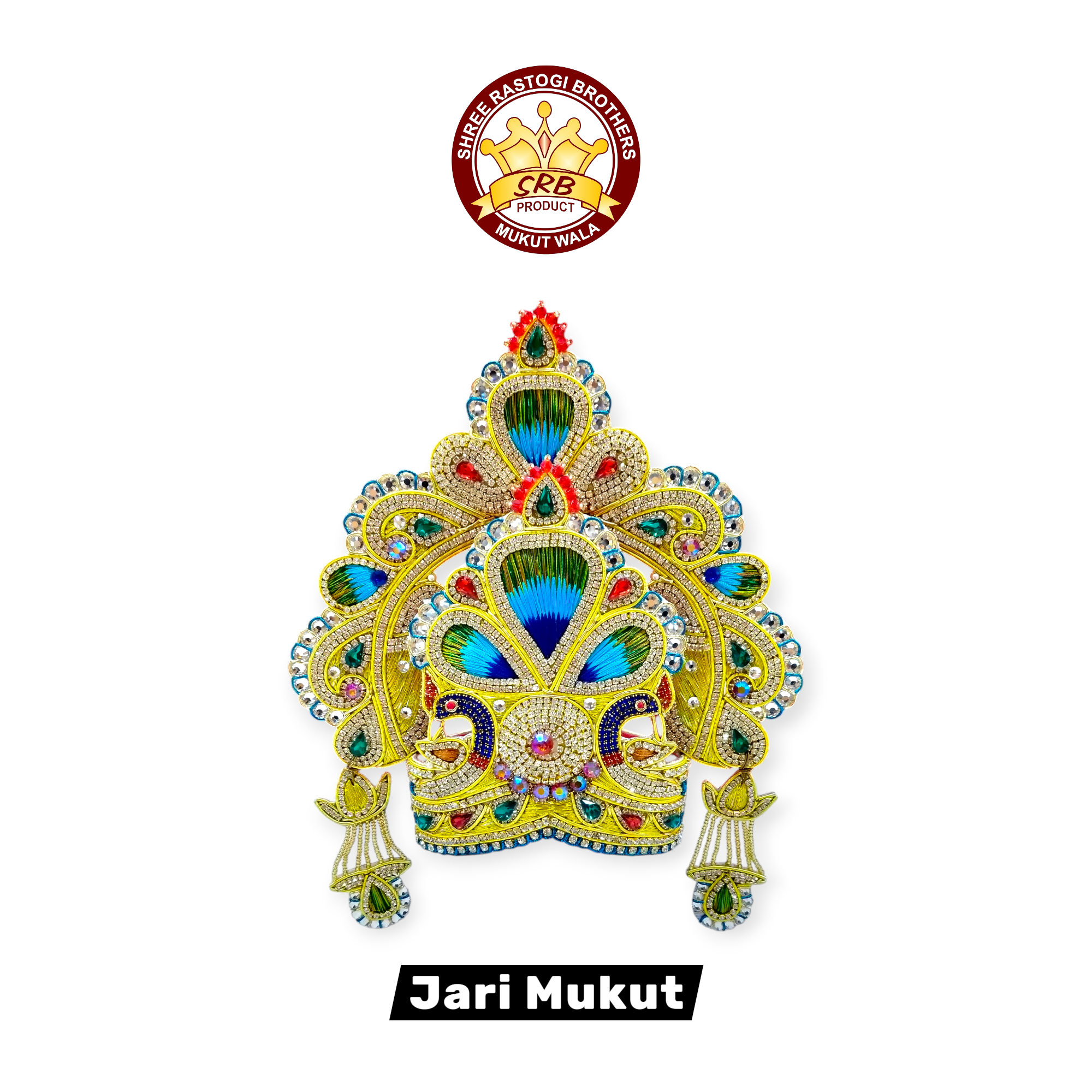 Peacock Designed Jari Embroidery Handmade Blue Color Mukut For God Idol