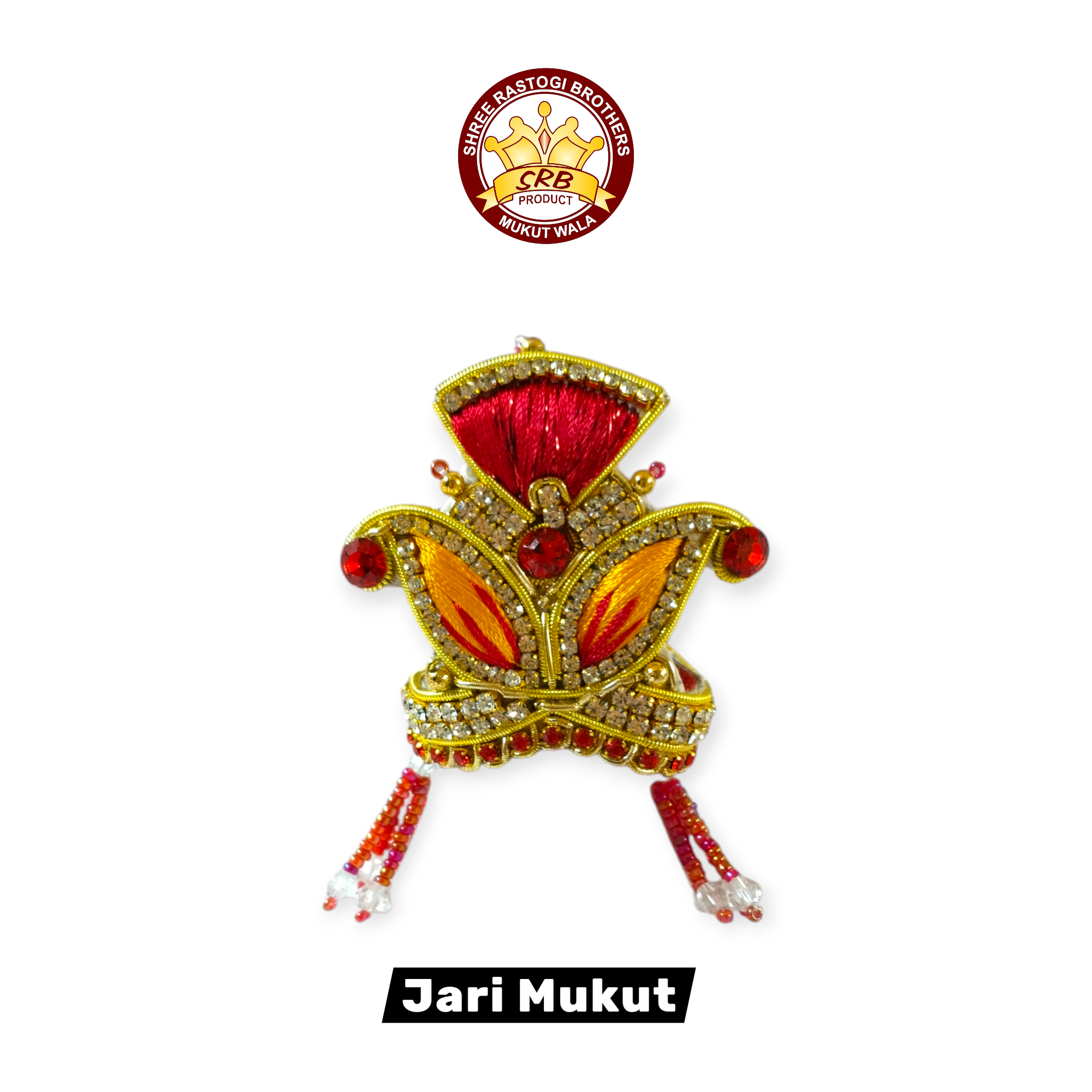 Yellow & Red Color Jari Mukut For Small Size God Idol, Laddu Gopal